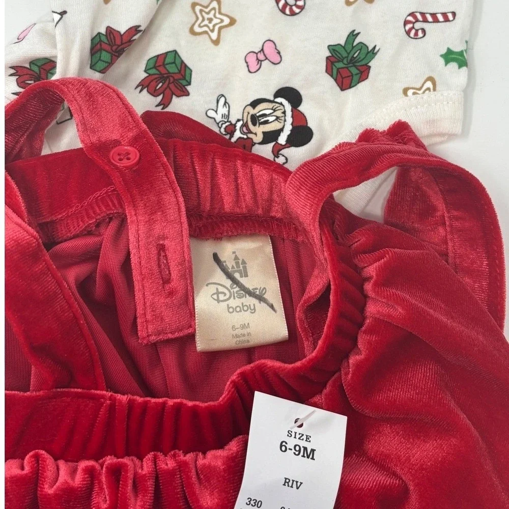 Disney‎ Baby Minnie Mouse Christmas Bodysuit and Red Velvet Skirt Set 6-9M NEW